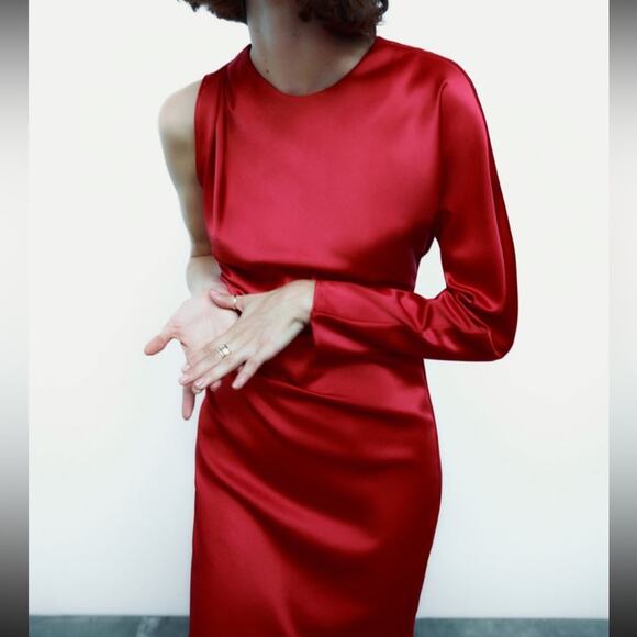 NWT Zara Red Asymmetric Satin Effect Dress. - Picture 3 of 5